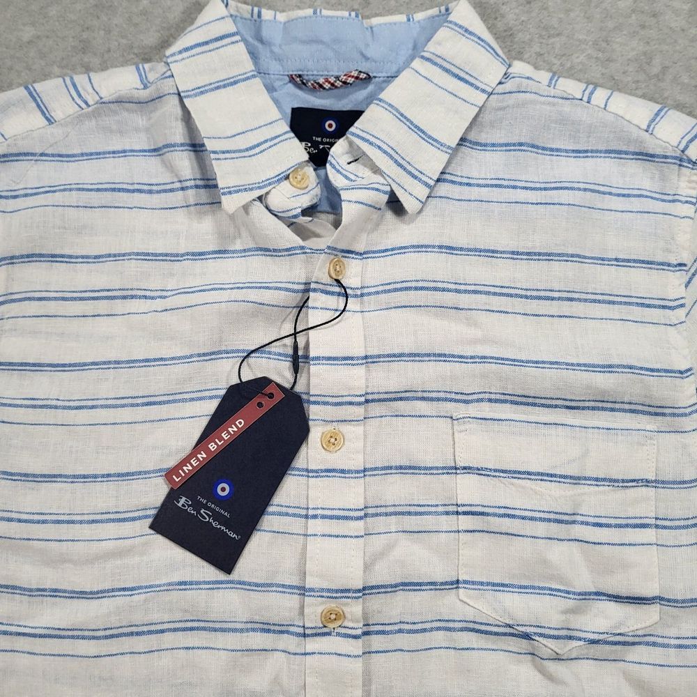 Ben Sherman Linen Blend Mens Small White Blue Stripes Short‎ Sleeve Shirt